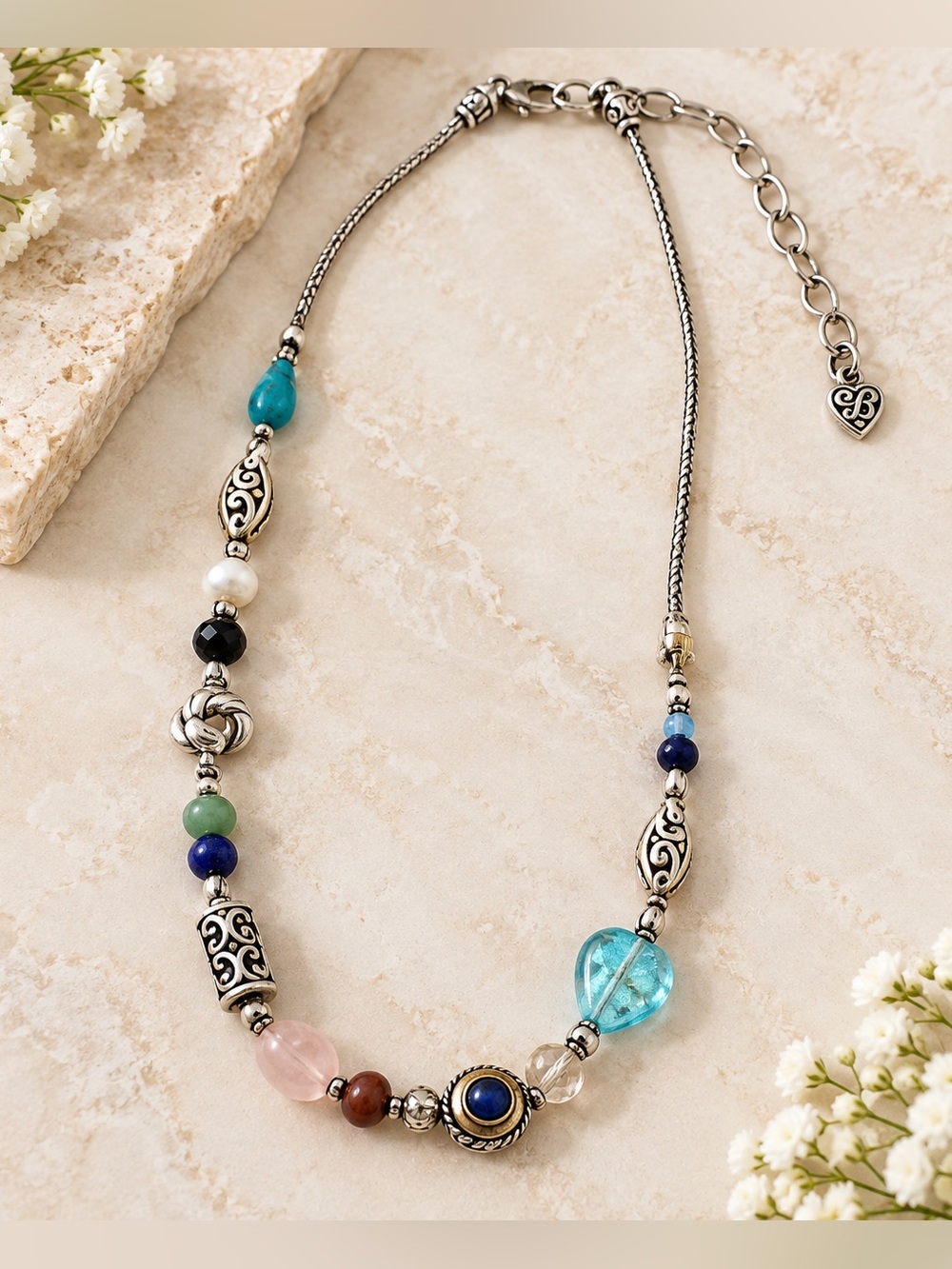 Brighton Silver Scroll Bead Necklace Multicolor Art Glass Mixed Media OS